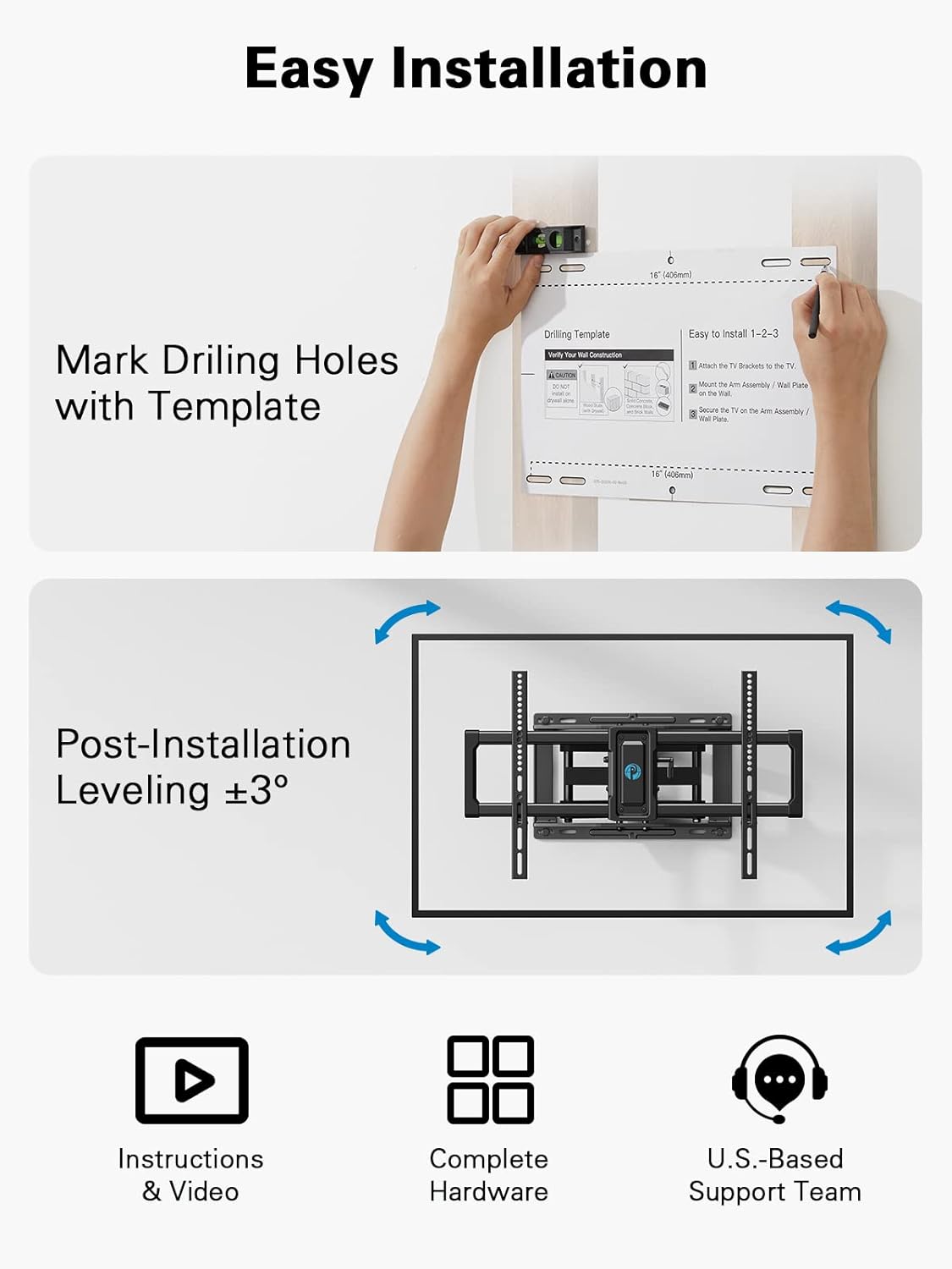 Pipishell Full Motion TV Wall Mount - Swivel Dual Arms for 40–82 Inch TVs | Max VESA 600x400mm, 110 lbs Capacity