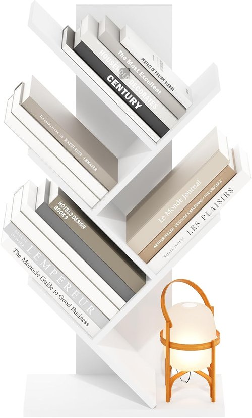 Furinno 5-Tier Tree Bookshelf - Stylish Angled Open Shelf for Room Decor | White, 8.4 x 15.7 x 30.3