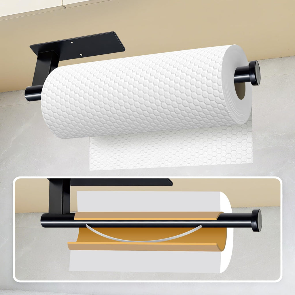 Paper Towel Holder Under Cabinet, Single Hand Operable Tearing Off Paper Towels with Damping Effect, Both Available in Adhesive and Screws, Stainless Steel (Black)