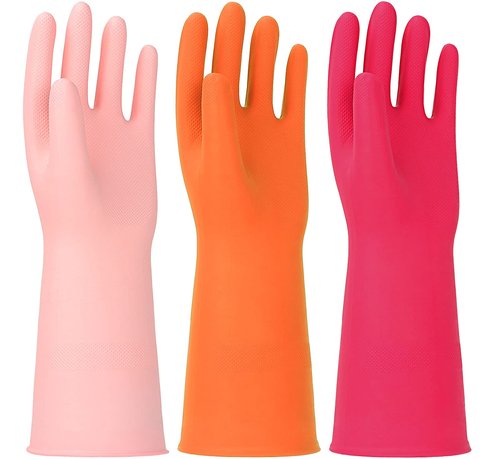 HINSOCHA 3 Pairs Rubber Cleaning Gloves Latex Free Dishwashing Gloves - 13" Reusable Nitrile Gloves Large, Orange+Pink+Red