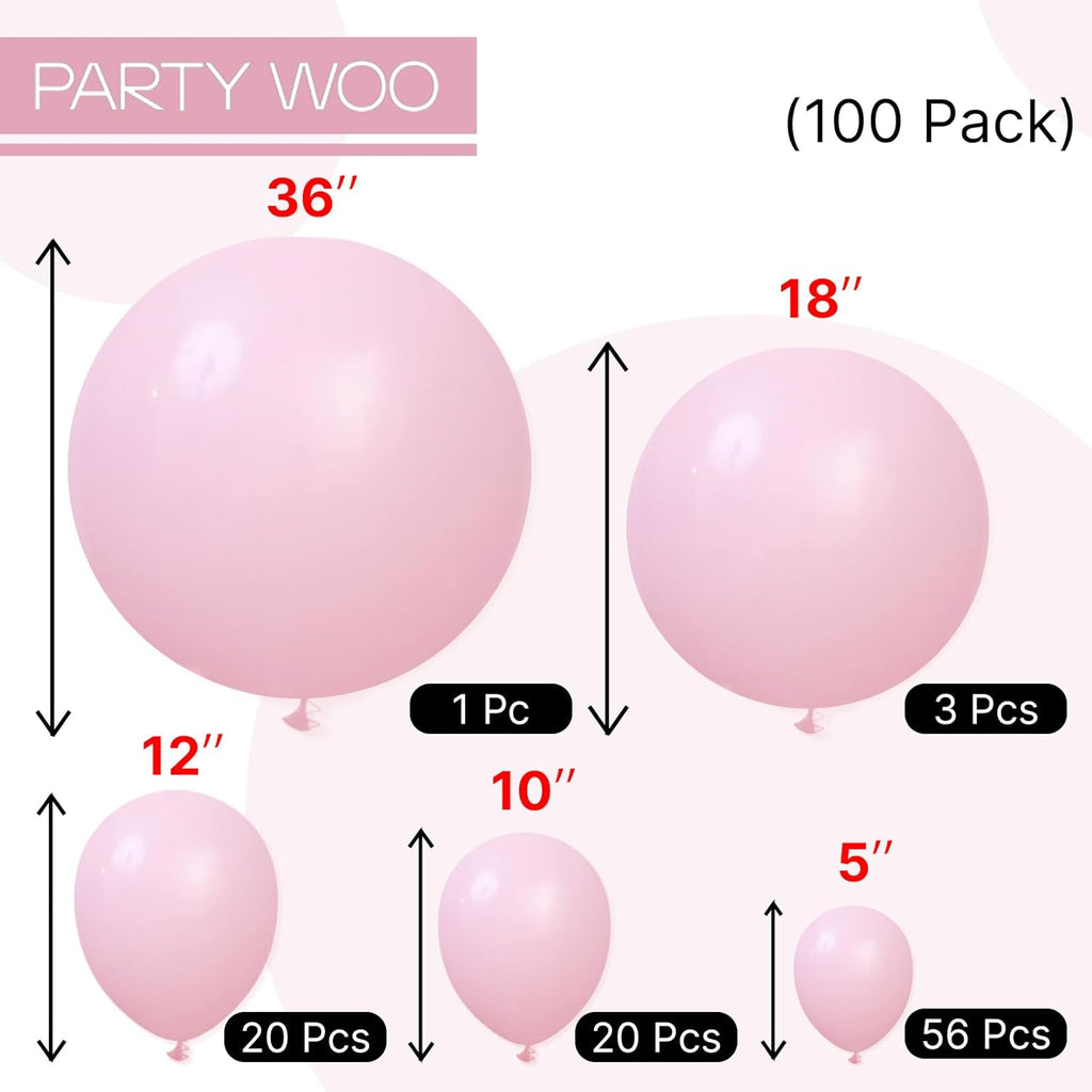 PartyWoo Light Pink Balloons - 100 Pcs Pastel Balloon Arch Kit for Baby Showers & Birthdays | Various Sizes 5-36 Inch