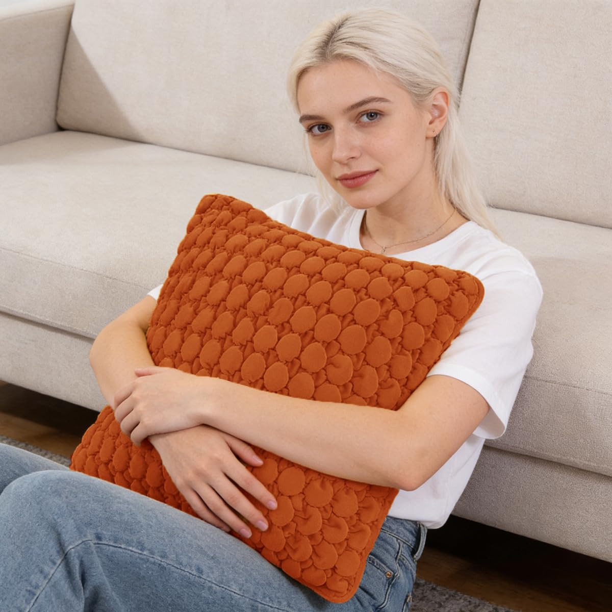 COCOPLOCEUS Pillow Cover 24x24 1 Piece Velvet Euro Sham Decorative Farmhouse Pillowcase Boho Square Cushion Covers Soft Bubble Texture for Couch Sofa Bed Bedroom Car Living Room，Rust