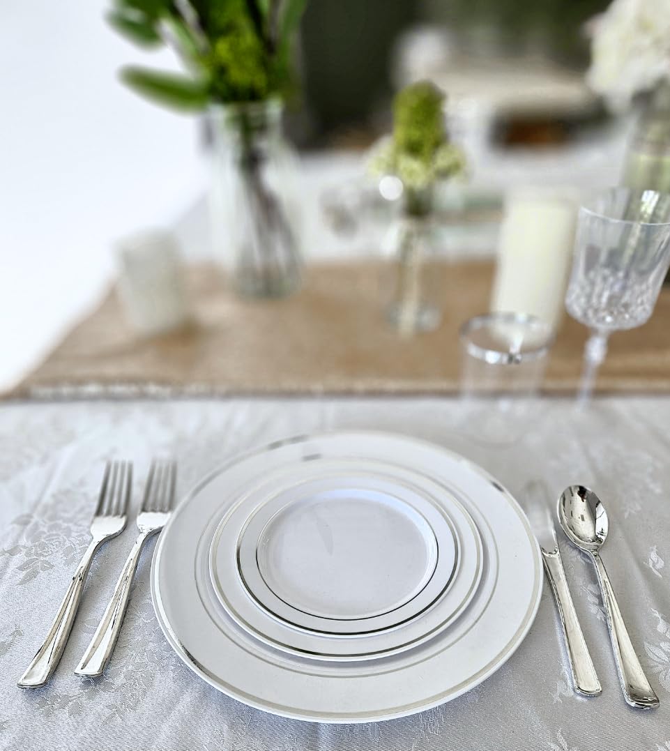 OCCASIONS 50pc Disposable Plastic Plates for 25 Guests - Heavy Duty Hard Fancy Plates Set, China-Like Look - 10.5" Dinner & 7.5" Salad/Dessert for Wedding Party, BPA Free (White & Silver Rim)