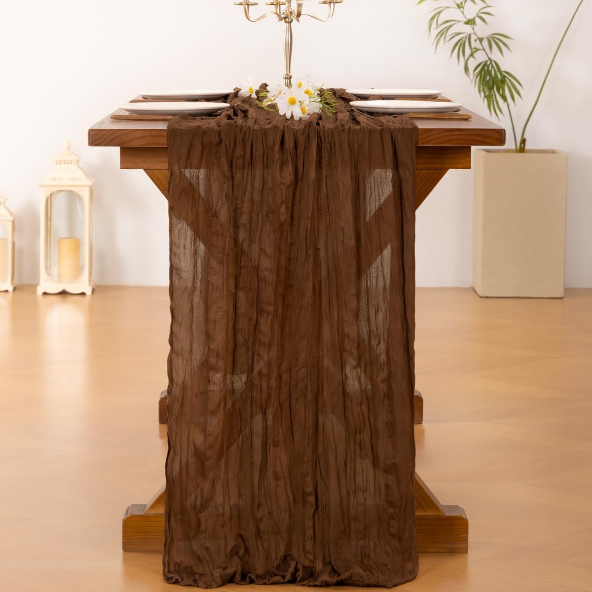 Socomi 3-Piece Brown Coffee Cheesecloth Table Runner - Boho Rustic 120 Inch for Weddings & Events