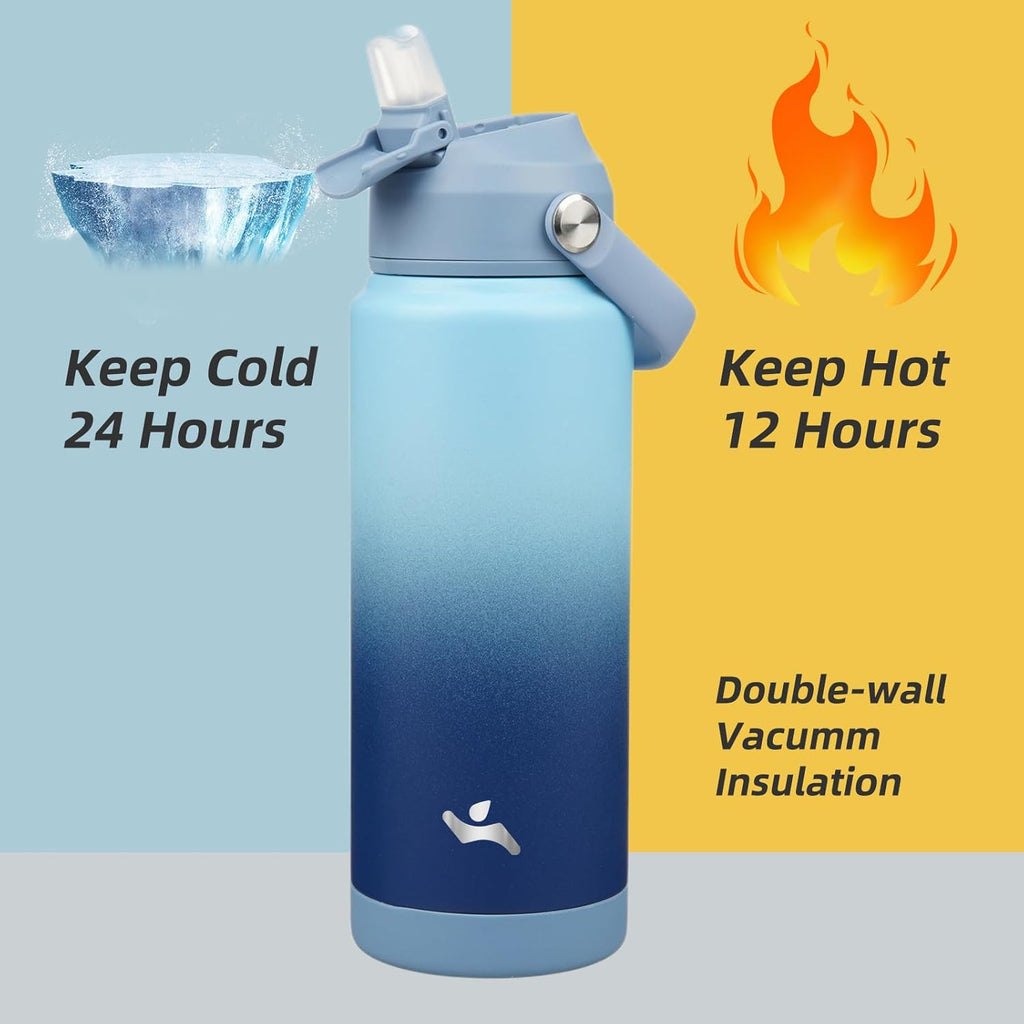 Skiennix Insulated Water Bottle - 24 oz Stainless Steel with Straw Lid & Silicone Handle - Sky Blue