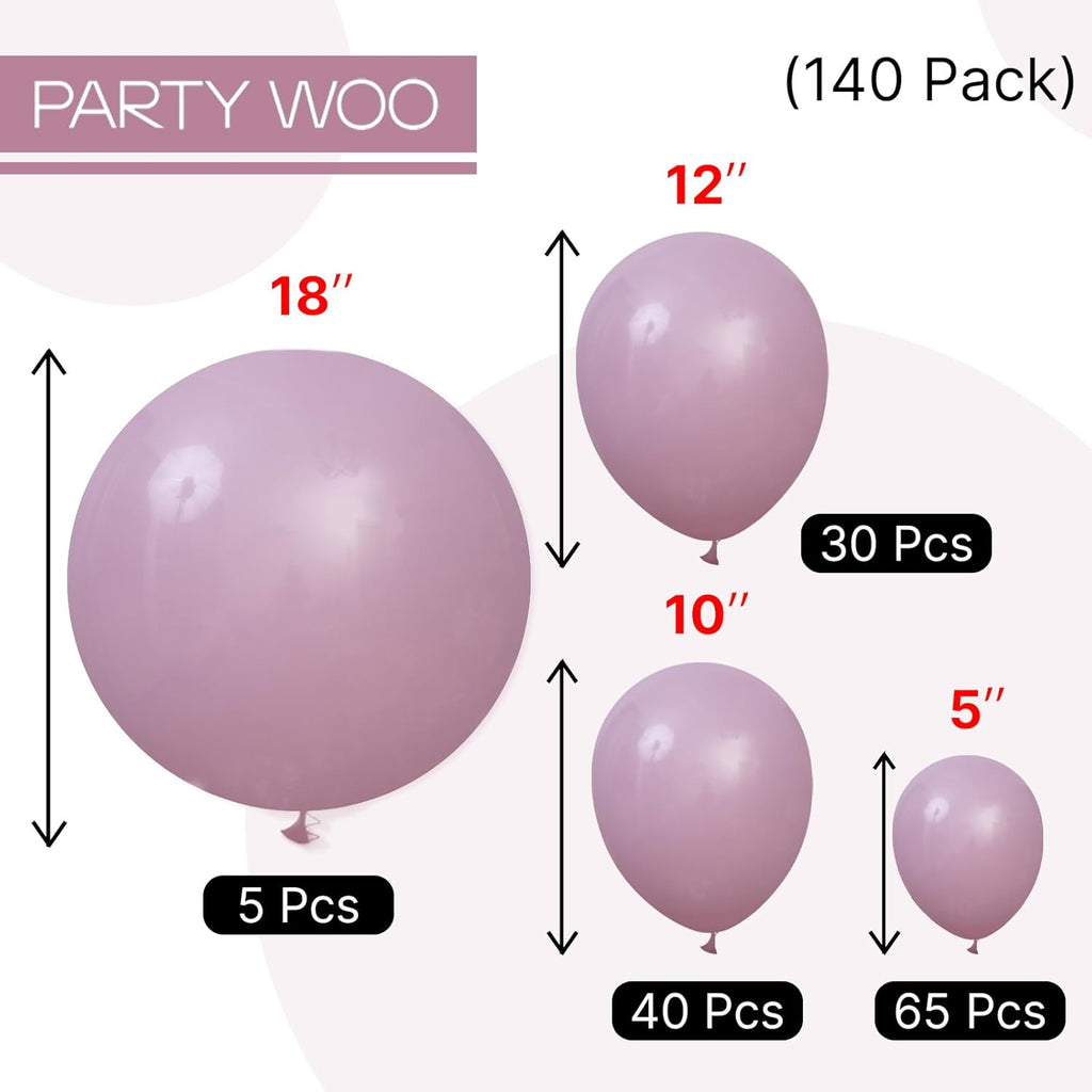 PartyWoo Dusty Purple Balloons - 140-Piece Pack in 5, 10, 12 Inch Sizes | Boho Baby Shower & Birthday Decor