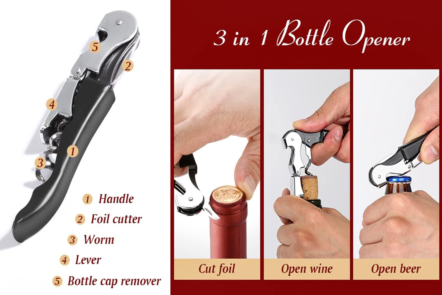 Professional Waiter Corkscrew Wine Openers Set, Heavy Duty Stainless Steel Hinges Wine Key for Restaurant Waiters, Sommelier, Bartenders