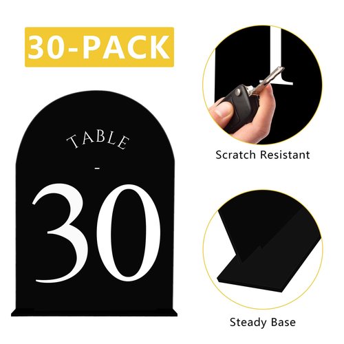 JOYIT Arch Wedding Table Numbers 1-30 with Stands – Double-Sided Printed 5" X 7" Acrylic Table Signs with Black Background White Text, Perfect Acrylic Table Numbers for Wedding Receptions, Parties, Anniversaries, and Events