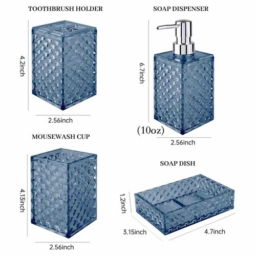 Bathroom Accessory Set, Grid Pattern 4 Pcs Plastic Bathroom Set Include Soap Dispenser, Soap Dish, Toothbrush Holder, Mousewash Cup, Modern Bahtroom Décor Set, Space Save for Bathroom(Dark Blue)