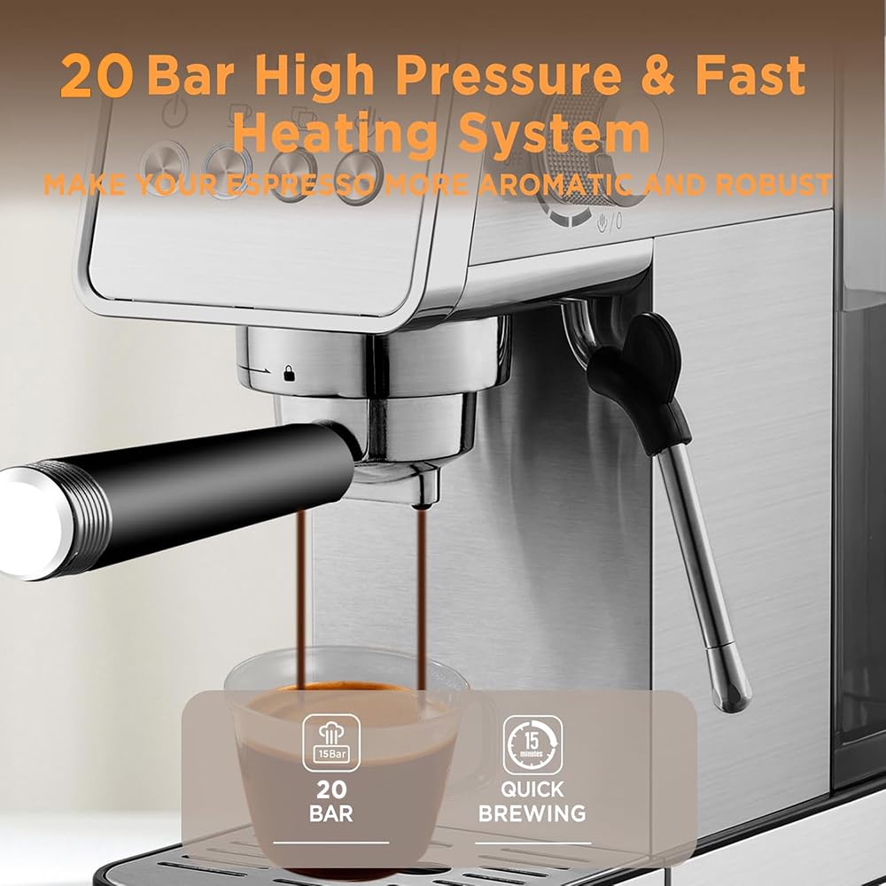 Ollygrin Espresso Machine,15 Bar Semi-Automatic Espresso Maker with Milk Frother,Compact Stainless Steel Coffee Machine with 40oz Removable Water Tank for Cappuccino,Latte, Americano,Sliver for Home