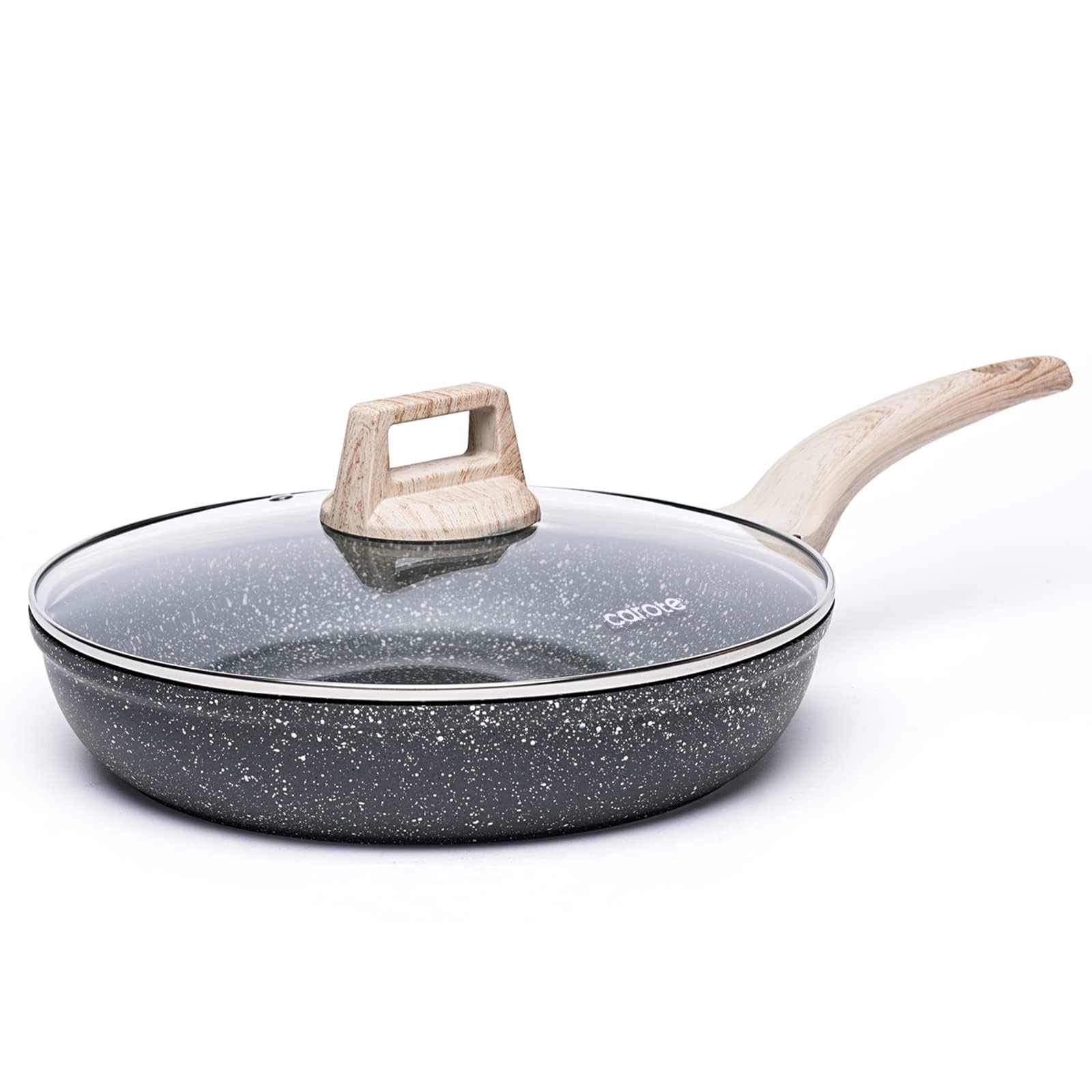 CAROTE Non Stick Frying Pan Skillet, 8" Nonstick Fry Pan with Glass Lid, Egg Pan Omelet Pans, Granite Cookware, PFOA Free (Classic Granite, 8-Inch)