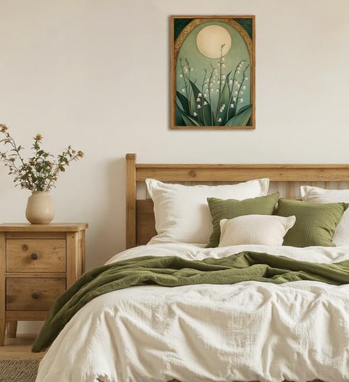 Framed Vintage Lily of the Valley Wall Art - Moody Boho Floral Canvas Print | Emerald Green 12x16in