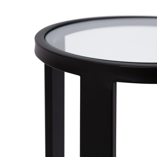 Kate and Laurel Ravalli Modern Drink Table, 9 x 9 x 20, Black and Clear Glass, Unique Round Tempered Glass Accent Pedestal Table for Use as Indoor Plant Stand
