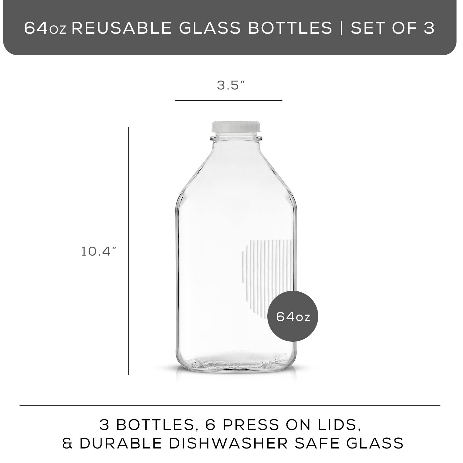 JoyJolt Glass Milk Bottles with Lids and Pourer – 64 Oz, 3 Pack Airtight Heavy Duty Reusable Glass Bottles, Leakproof, BPA-Free, Food Grade, Dishwasher Safe Jug, Pitcher for Milk, Juice, and Water