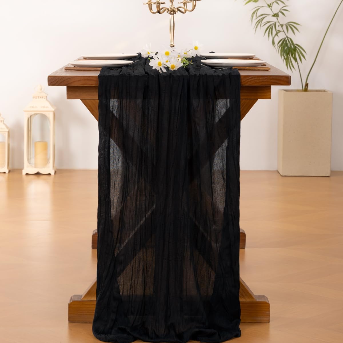 Socomi Cheesecloth Table Runner - 3pcs Black Boho Rustic Design | 120 Inch for Weddings & Events