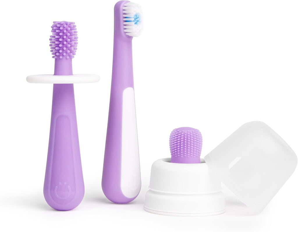 Ubbi Grow With Me Toothbrush Set - Silicone Finger Brush & 360° Soft Bristles - Smoothie Purple