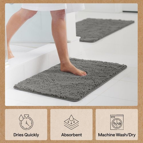 GORILLA GRIP Bath Rug Mat - Soft Absorbent Chenille | Quick-Dry Microfiber, 48x17 Charcoal