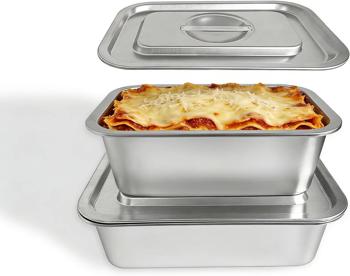 Stainless Steel Baking Pan Set by [Brand Name] - 2-Piece Lasagna & Roasting Pans with Lids | 4-Inch Deep, 7.4 QT + 5.1 QT