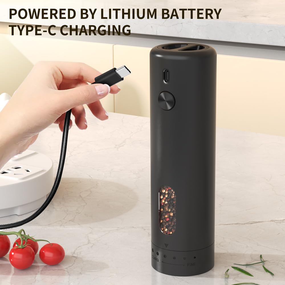 Rechargeable Salt and Pepper Shakers,Electric Salt and Pepper Grinder Set with LED Light for Kitchen, Adjustable 6-level with Base,2 Pack Set