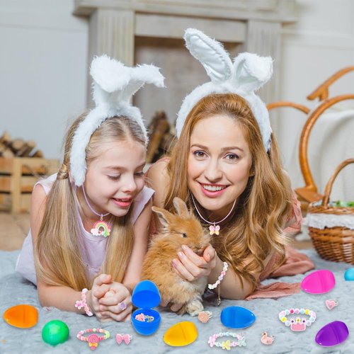 Vellibring 12 Pack Prefilled Easter Eggs with 36 pcs Cute Bracelets Necklaces Rings Easter Basket Stuffers Egg Fillers for Girls Party Favors Kids Toddler Presents