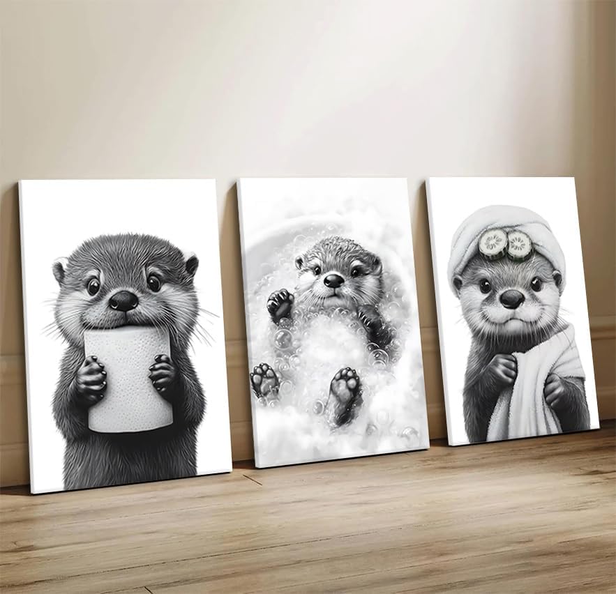 Skiennix Cute Otter Canvas Wall Art - Funny Black and White Bathroom Decor | 3-Piece Set