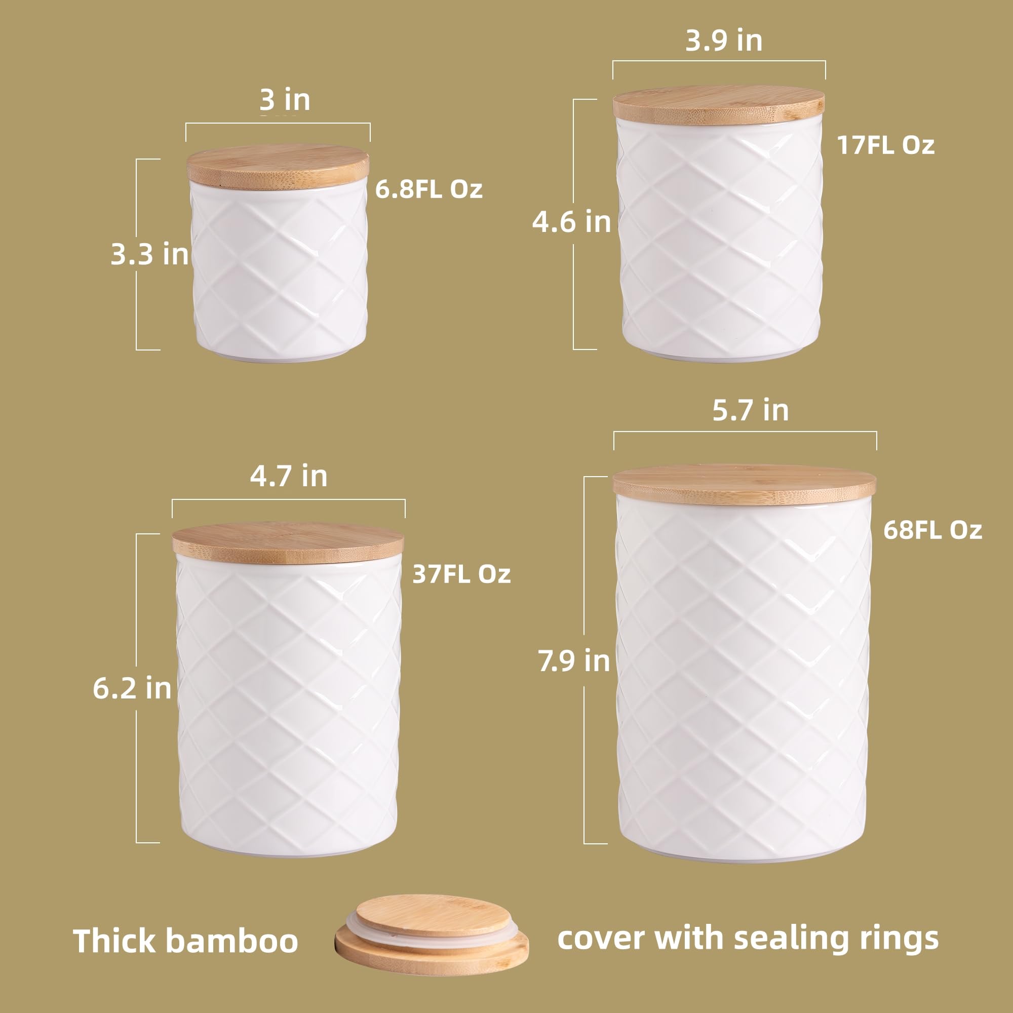Sweejar Ceramic Canisters Sets for Kitchen Countertop, Relief Food Storage Jar with Bamboo Lid, Stackable Container for Flour, Coffee, Pasta, Cereal, Tea, Sugar, Spices, Pack of 4 (Walnut White)