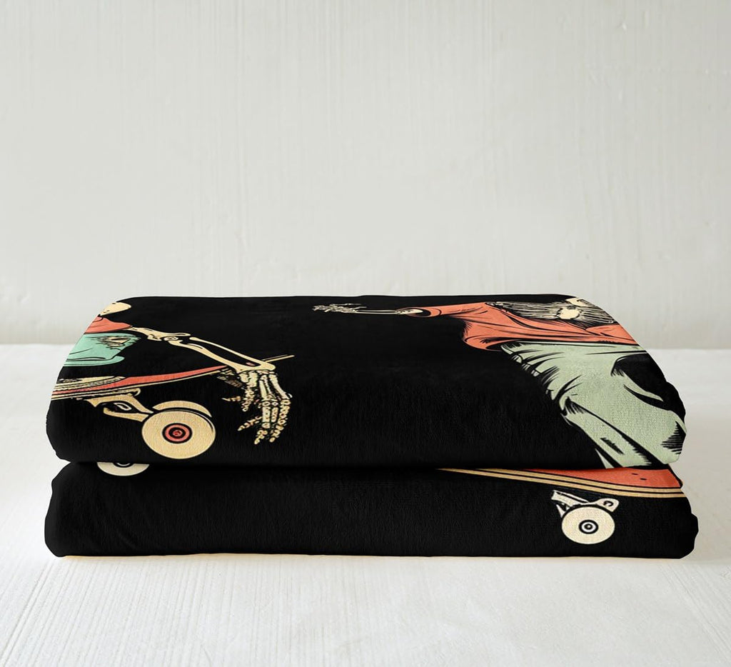 Skateboard Blanket Throw Sugar Skull Fleece Blanket Hip Hop Style Sherpa Blanket for Kids Teen Boys Skateboarding Actions Hippie Fuzzy Blanket Ultra Soft Throw 50"x60" Orange Black Child Room Decor