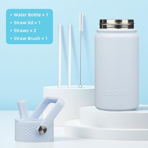 BJPKPK Insulated Water Bottle - 15oz Stainless Steel Thermo with Straw Lid | Cute & Leak-Proof Light Blue