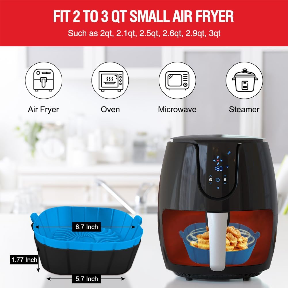 Skiennix Air Fryer Silicone Liners - Non-Stick Reusable Pot Basket for 2-3 QT Air Fryers | 2 Pack Square Inserts