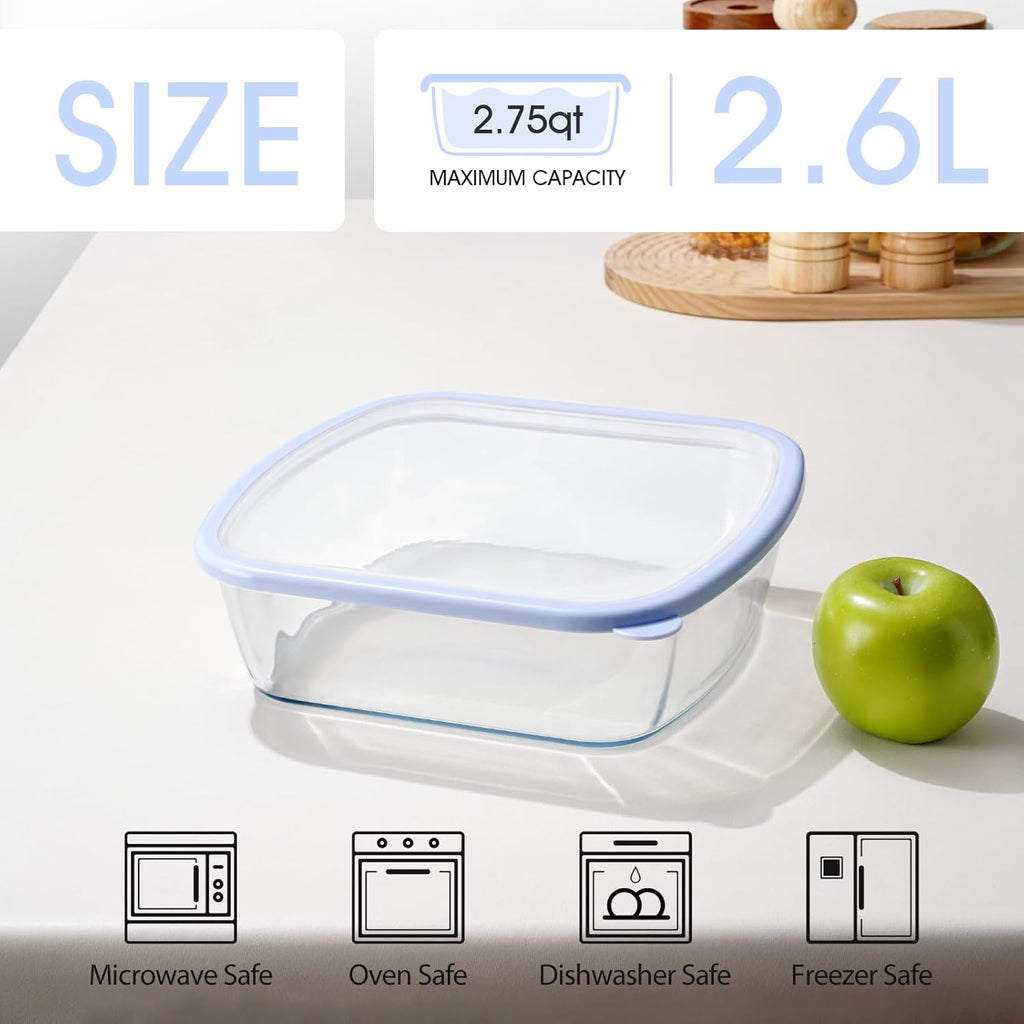 NUTRIUPS Glass Baking Dish - BPA-Free Lid, Square Casserole Pan for Oven & Dishwasher | 2.6L, Blue