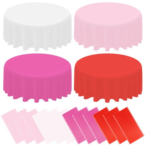 YEXEXINM 12 PCS Valentine's Day Plastic Tablecloth for Round Tables, 84 Inch Valentines Day Disposable Round Tablecloths, Pink Waterproof Table Covers for Valentines Day Wedding Anniversary Decor