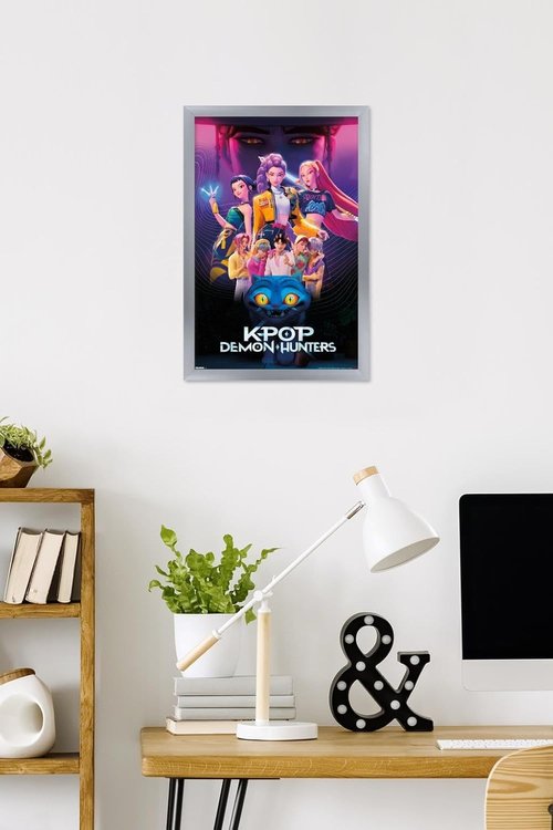Netflix KPop Demon Hunters Wall Poster - Silver Framed, 22.4L x 14.7W for Stylish Decor