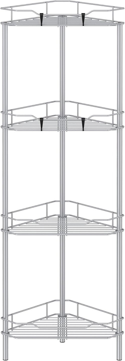 HuggieGems 4-Tier Corner Shower Caddy Organizer - Silver Bathroom Shelf Stand with Hooks