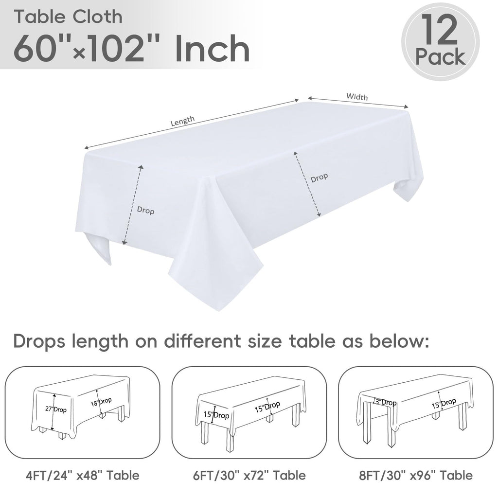 12 Pack White Tablecloth 60 x 102 Inch Rectangular Table Cloth for 6 Foot Rectangle Tables, Wrinkle Resistant Washable Polyester Fabric Table Covers for Wedding Party Banquet Buffet and Camping