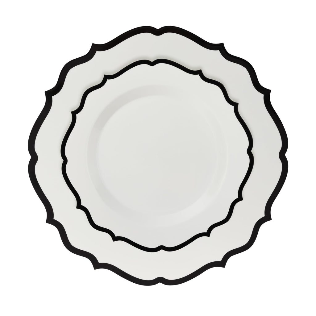 PLASTICPRO 128 Pack Elegant Disposable Plastic Plates Combo Set Bulk Pack Includes 64 Dinner Plates and 64 Salad Plates Heavy Duty Fancy Party Plates White with Black Contemporary Design