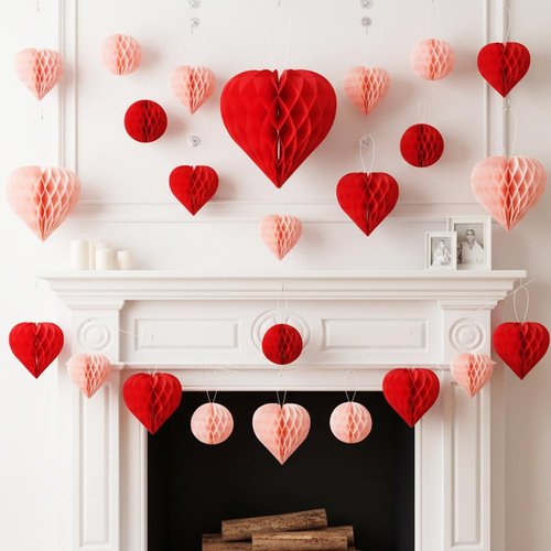 Heart Honeycomb Ball Valentine's Day Party Decoration 16Pcs Red Pink Heart Shaped Tissue Paper Pom Poms Valentine Hanging Decoration for Valentine's Day Engagement Wedding Bridal Shower Party Supplies