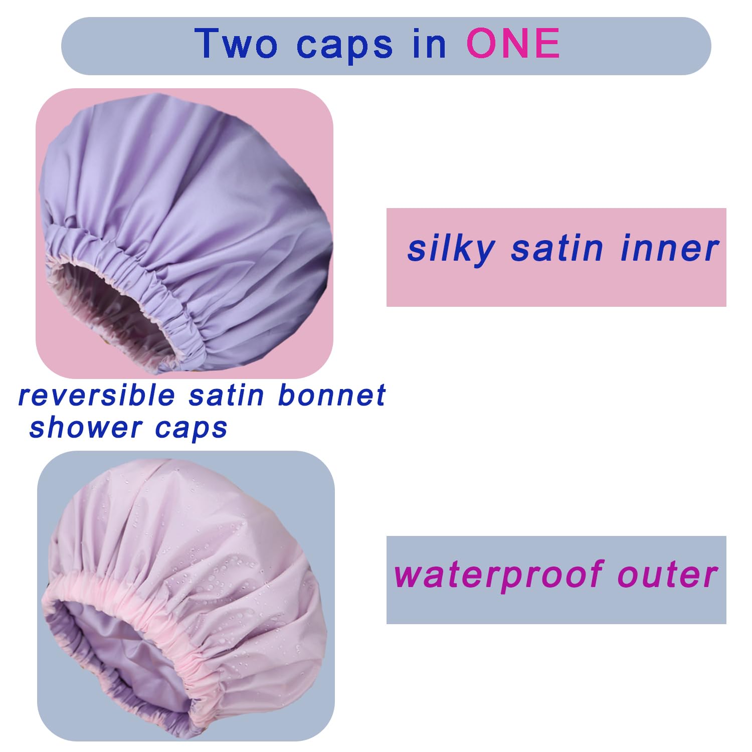 Genergy 2pcs Shower Cap for Women,Including Travel bag and Satin Scrunchy. Frizz-Free Silky Liner, Waterproof Reusable Large Bath Cap for Short and Long Thick Hair, Soft Adjustable Elastic, Non-slip.