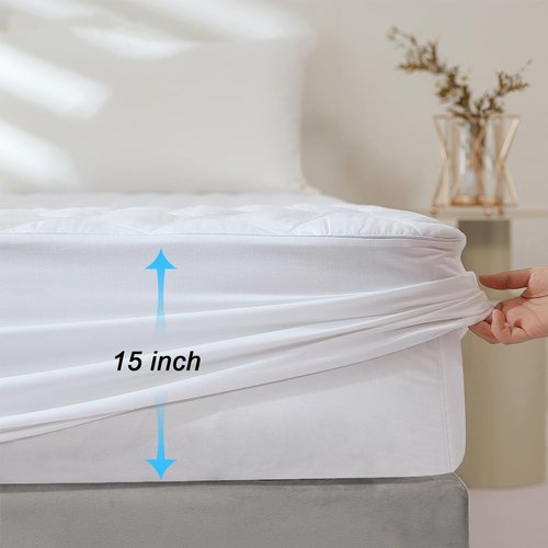 EIUE Quilted Mattress Pad - Breathable Elastic Fitted Topper Protector | Lightweight & Machine Washable, Queen (60x80 in), White