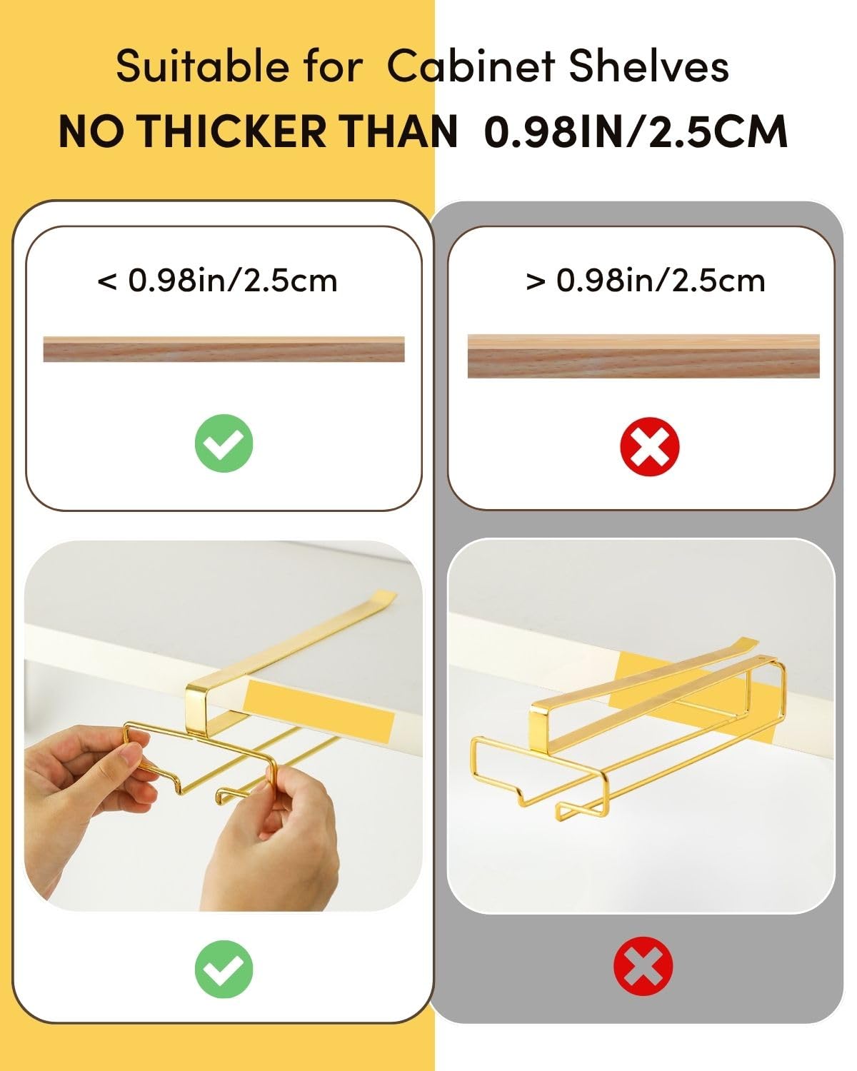 LINFIDITE Gold Under Cabinet Wine Glass Holder, 2 Pack, Space Saving, Easy Installation, Anti-Skid, Compact Design, Sturdy Materials, Affordable Gift