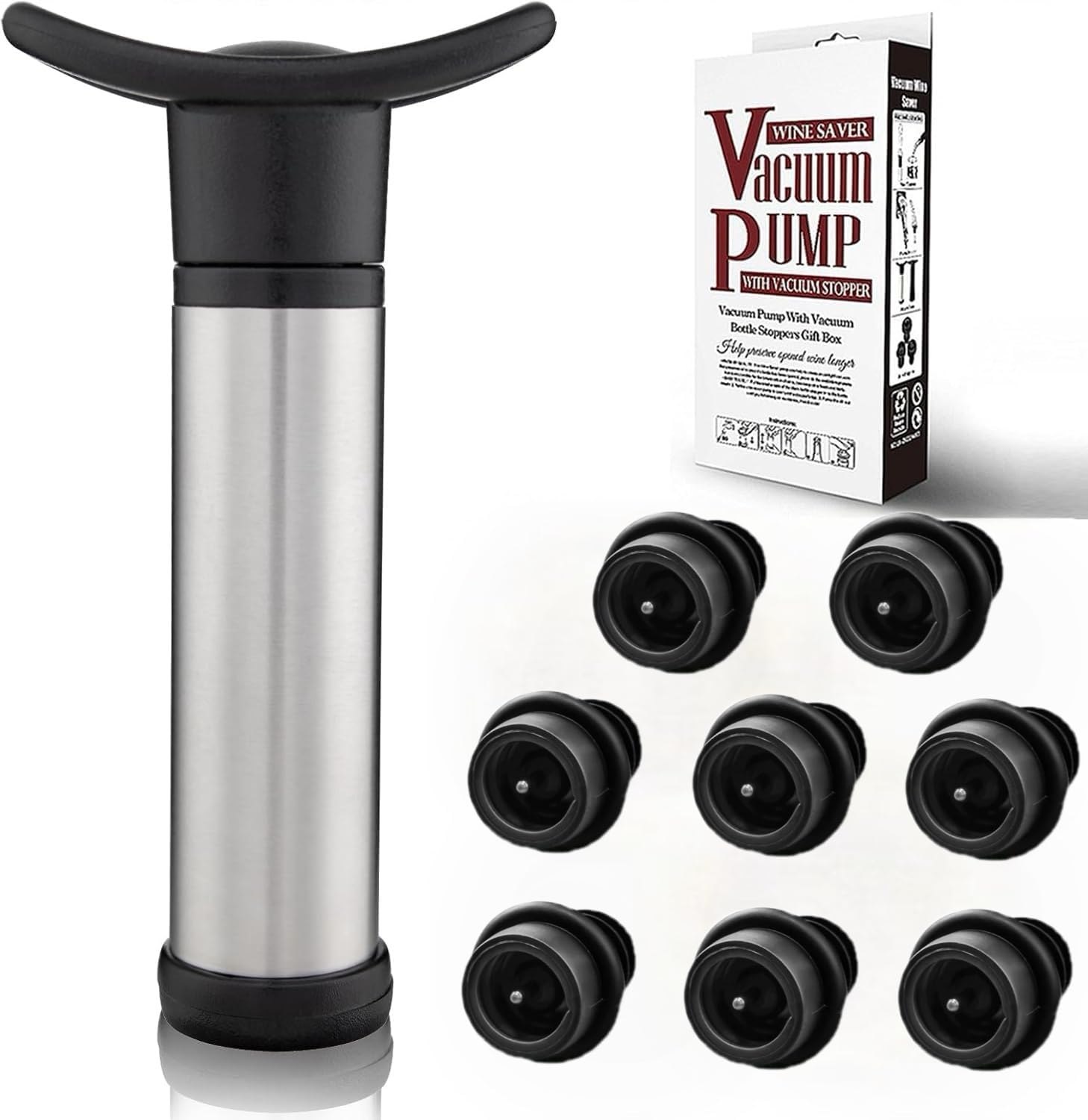 Wine Saver Vacuum Pump with 8 Wine Stoppers, Wine Bottle Stoppers with Food Grade Silicone Leak proof Keep Fresh Suitable for All Standard Wine Bottles