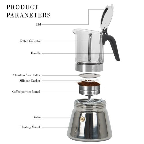 LAOION Stovetop Espresso Maker, 3Cup 160ml Moka Pot, Crystal Glass-top & Stainless Steel Coffee Maker Mocha Pot, Greca De Cafe, Cuban and Italian Coffee Maker for Cafetera Cubana