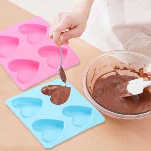 Qinyoung 3 Pcs Heart Shaped Silicone Molds Nonstick Heart Chocolate Muffin Molds for Galentine Valentine's Day Candy, Brownies, Tartlets, Soaps, Pudding, Dessert Baking(Small,4 Holes,Pink,Blue)
