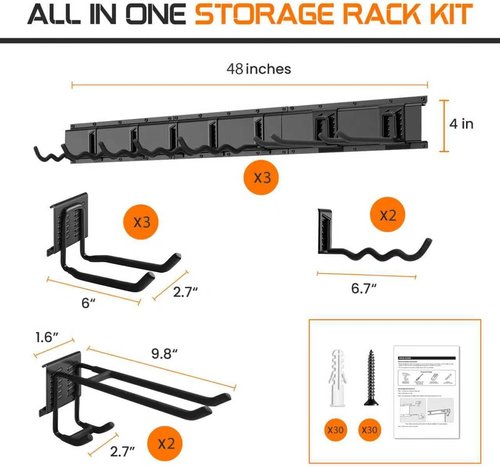 Garage Tool Organizer by 48 - Heavy Duty 520lbs Metal Wall Mount Rack with Adjustable Hooks for Garden Tools