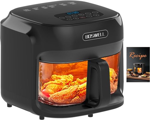 BOSWELL 7.5QT Glass Air Fryer - Transparent Fry Bowl, Temperature Control & Dishwasher Safe Design