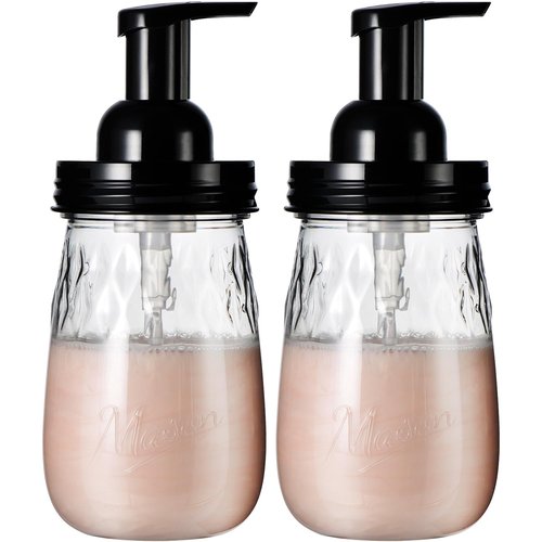 Amolliar 16Oz Foaming Soap Dispenser with Pump Lid, Plastic Refillable Foam Hand Dish Soap Dispenser Set, Clear Diamond Dispenser with Lable for Farmhouse Kitchen Bathroom (2 Pack, Black)