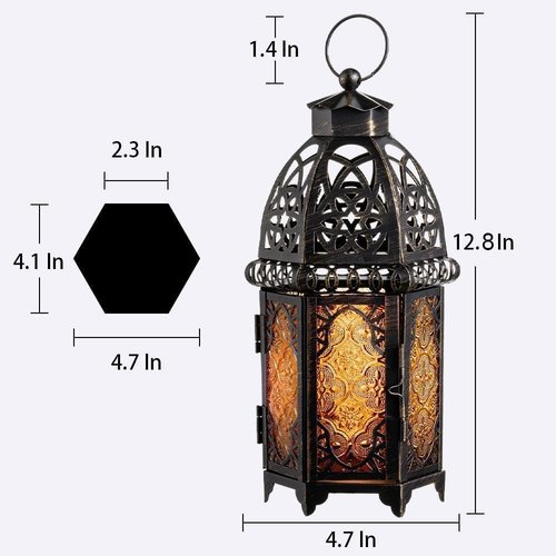 DECORKEY Vintage Moroccan Candle Lantern Set - Large 12.8’’ Metal Hanging & Tabletop Decor | Amber Color for Indoor & Outdoor Use