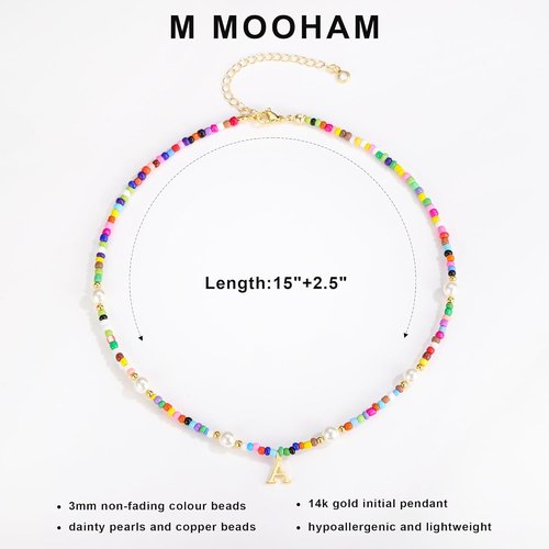 M MOOHAM Colorful Initial Necklace - Beaded Pearl Choker Jewelry for Kids, Teens & Women