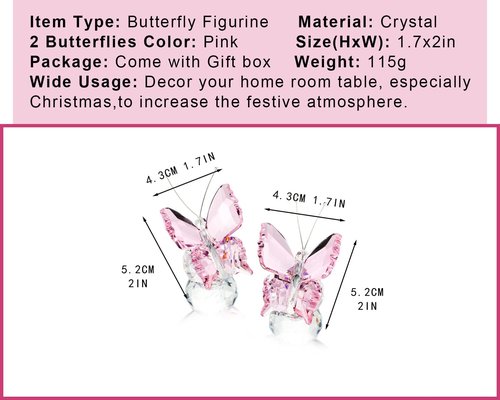 Kanpura Crystal Butterfly Figurines - Elegant Glass Statues with Clear Ball Base | 2 Pcs Set in Pink for Home Decor