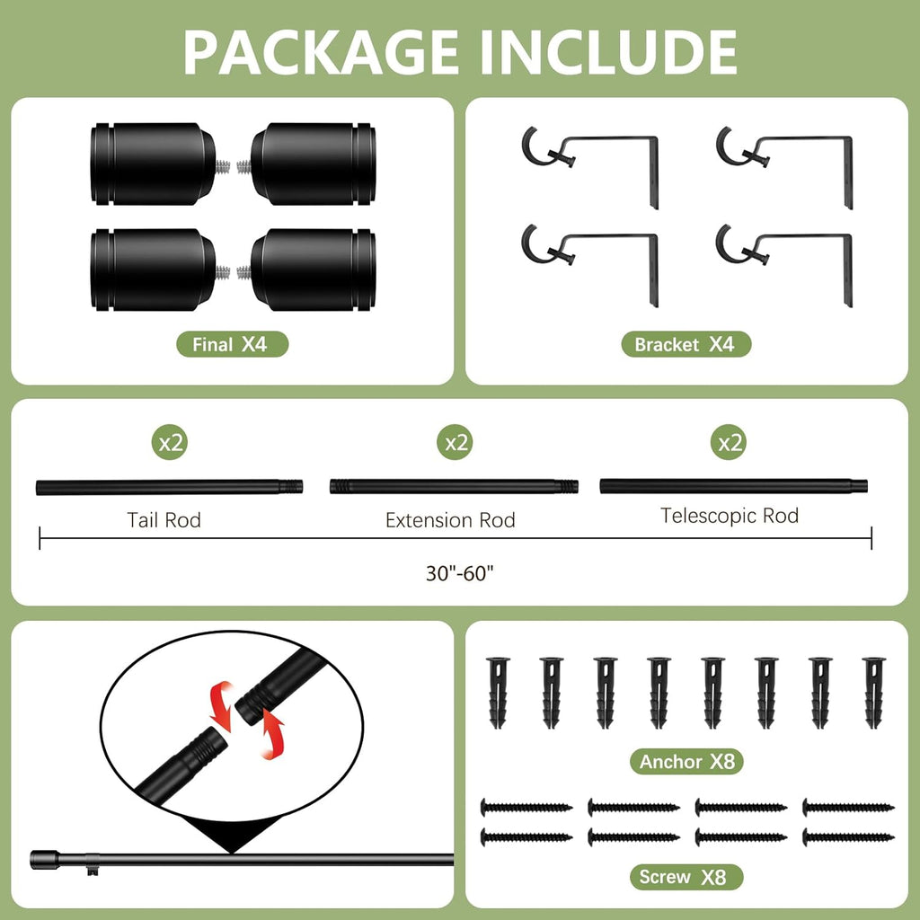 Regine Switzerland Adjustable Black Curtain Rods - 30-60 Inch for 30-54 Inch Windows | 2 Pack