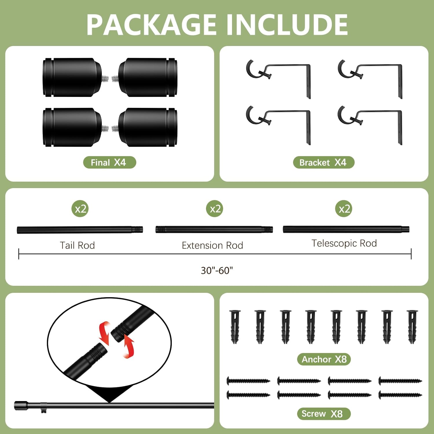 Regine Switzerland Adjustable Black Curtain Rods - 30-60 Inch for 30-54 Inch Windows | 2 Pack
